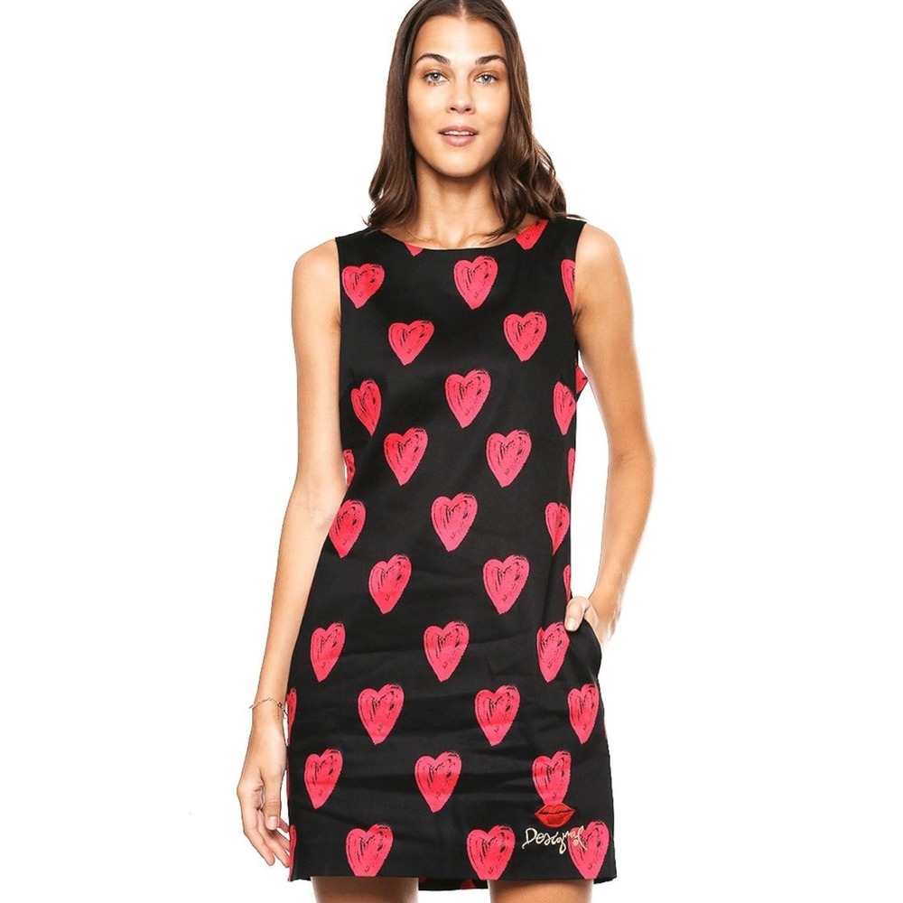 Desigual Cristina Heart Print Shift Dress Black Red Sleeveless Mini Whimsical